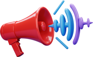 Vibrant 3D glossy red megaphone broadcasting dynamic sound waves for effective announcements png