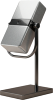 Modern silver angular microphone with a polished metallic stand and base png