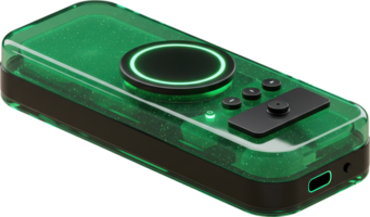 Futuristic minimalist audio interface device with translucent green casing and glowing controls png