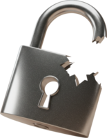 Broken metal padlock with snapped shackle, symbolizing security breach or failure png