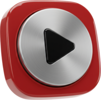 Sleek 3D media play button with glossy red frame and metallic silver center png
