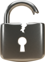 Broken silver padlock with fractured shackle and cracked body, symbolizing compromised security. png