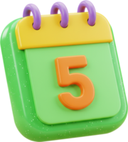 Vibrant 3D calendar icon with number five for date and event planning png