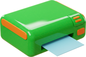 Vibrant green and orange compact printer with glossy plastic finish and paper output png
