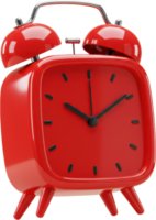 Bright red alarm clock with twin bells and square face for timekeeping and alerts png