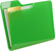 Glossy green file folder with documents and golden tab for organized data storage png
