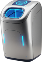 Sleek futuristic smart waste disposal unit with blue glowing lights and digital display png