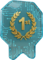 Glossy digital first place achievement award badge with glowing circuit board pattern png