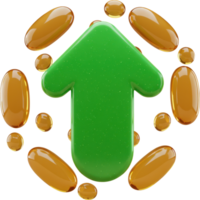 Glossy green upward arrow with golden capsules orbiting, symbolizing growth and progress png