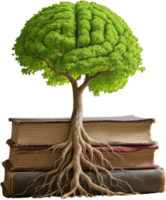 Brain shaped tree growing from old books symbolizing knowledge and wisdom png