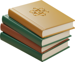 Vibrant stack of science and education books with golden atom symbol on top png