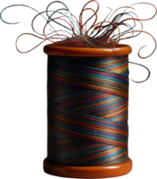 Multi colored thread spool with unraveling strands, perfect for sewing and craft projects png