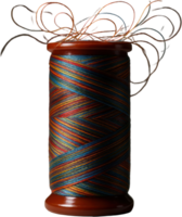 Artistic multi color thread spool, intricately wound, with decorative unraveling strands png
