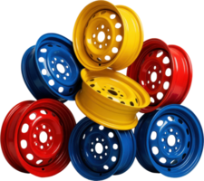Dynamic arrangement of red blue yellow steel car rims for vehicle customization png