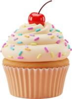 Delicious 3D cupcake with creamy frosting, colorful sprinkles, and a bright red cherry png