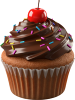 Sweet chocolate cupcake with colorful sprinkles and a bright red cherry topping png