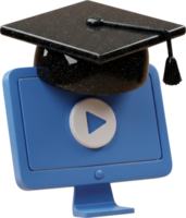Online education concept, graduation cap on blue computer monitor with play button png