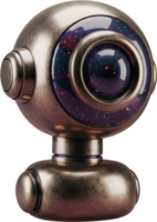Futuristic metallic robot head with a single large eye displaying a cosmic galaxy png