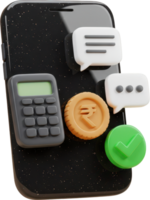 Modern smartphone with calculator, rupee coin, chat, and checkmark icons png