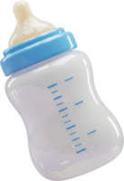 Glossy translucent baby bottle with blue ring and measurement markings for infant care png