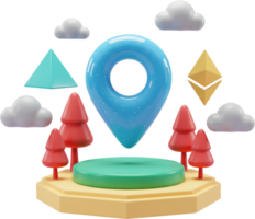 Blue location pin floating above green platform in a whimsical 3D scene png