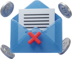 Failed payment notification, 3D blue envelope with red x and euro coins png