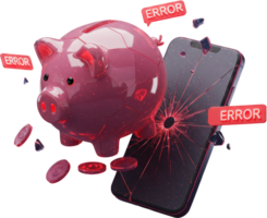 Shattered piggy bank and cracked smartphone with error messages symbolizing financial failure. png