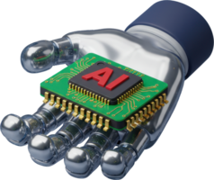 Metallic robot hand holding AI chip, representing artificial intelligence technology png