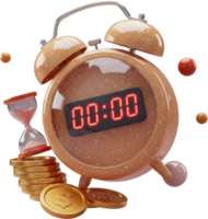Digital alarm clock with countdown timer, gold coins, and hourglass png