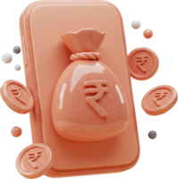 3D mobile banking app with rupee money bag and floating coins for digital finance png