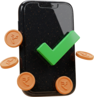 Secure mobile transaction confirmed with green check and rupee coins png