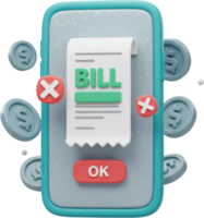 3D smartphone displaying a digital bill, online payment, and financial transaction concept png