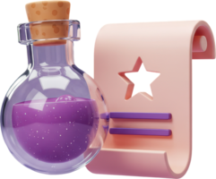 Mystical potion bottle with purple elixir and magic scroll with star symbol 3D art png