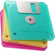 Vibrant stack of three floppy diskettes representing old computer technology png