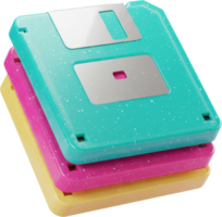 Vibrant 3D floppy disk stack, teal, magenta, yellow data storage icon png