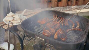 Smoky Sausages And Chicken Grilling Over Charcoal, Savory Aromas Wafting Near Wooden Table With Fresh Pita Bread Waiting In Sunlit Backyard Setting. Grill View For Picnic, Cooking Street Healthy Food video