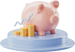 Savings and investment growth, pink piggy bank, stacks of gold coins, and rising chart png