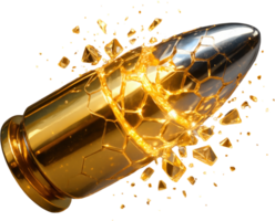 Golden bullet shattering into luminous geometric shards png