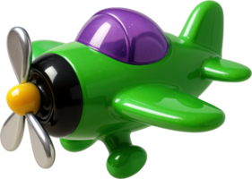 Bright green toy airplane with silver propeller and purple canopy png