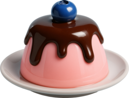 Glossy pink pudding with chocolate drizzle and blueberry topping png