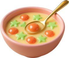 Whimsical creamy soup with colorful star and round shapes in pink bowl png