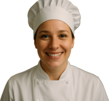 Friendly female chef in white uniform and hat smiling warmly at camera png