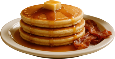 Fluffy pancakes with maple syrup, butter, and crispy bacon png
