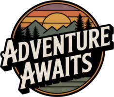 Vintage adventure awaits badge with mountains and sunset png