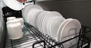 Organized Kitchen Dish Rack With Neatly Arranged Plates and Mugs video