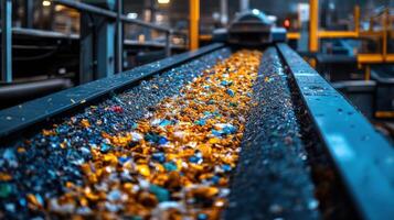 Streamlined recycling process featuring colorful materials on a conveyor belt in a modern facility photo