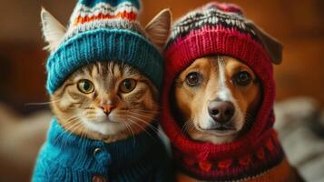 Colorful cozy hats bring warmth to a cat and dog duo, perfect for winter cuddles and friendship moments in a home setting photo