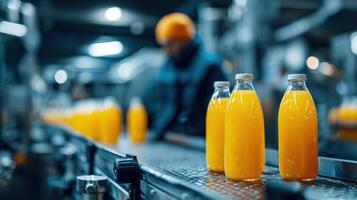 Bottles of freshly produced juice moving along the production line in a modern factory environment photo