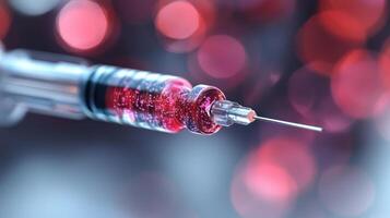 Close-up of a medical syringe filled with a vibrant vaccine, highlighting healthcare advancement and vaccination efforts in modern medicine photo