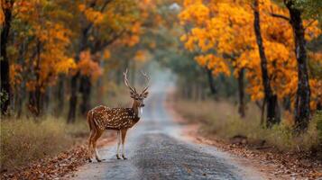 Spotted deer standing gracefully on a scenic gravel road surrounded by vibrant autumn foliage in a tranquil forest setting photo